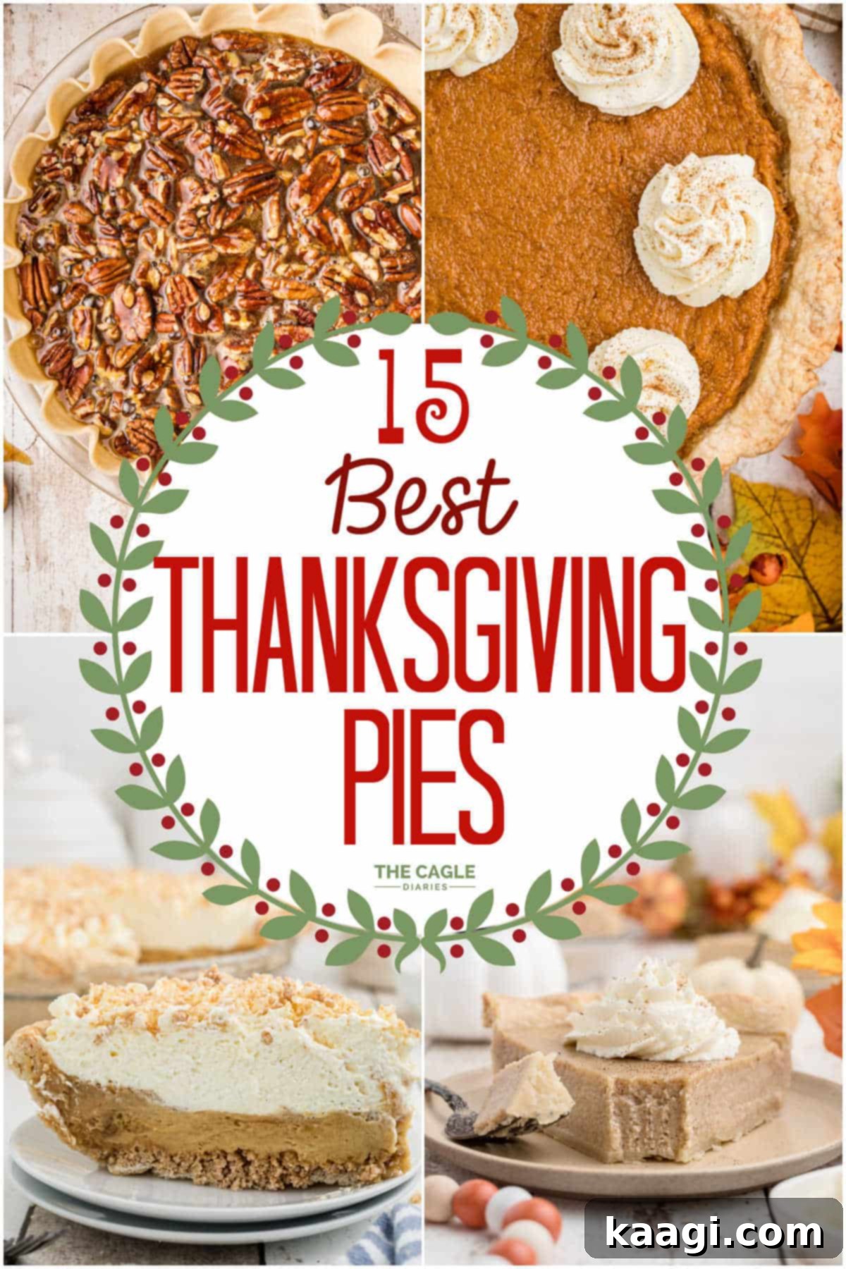A collage of 4 images of Thanksgiving pies with a circle in the middle with text overlay, showcasing various pies like pumpkin, sweet potato, and apple.