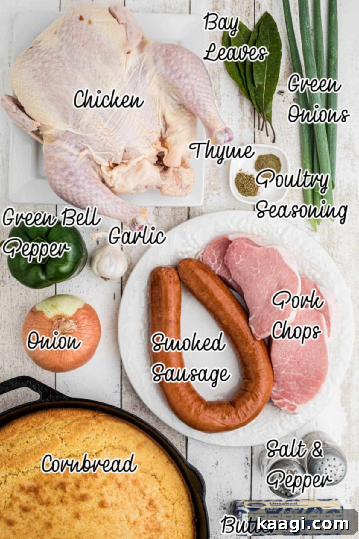 Cajun Cornbread Comfort 3 Overhead shot of ingredients needed to make a Cajun cornbread dressing recipe.