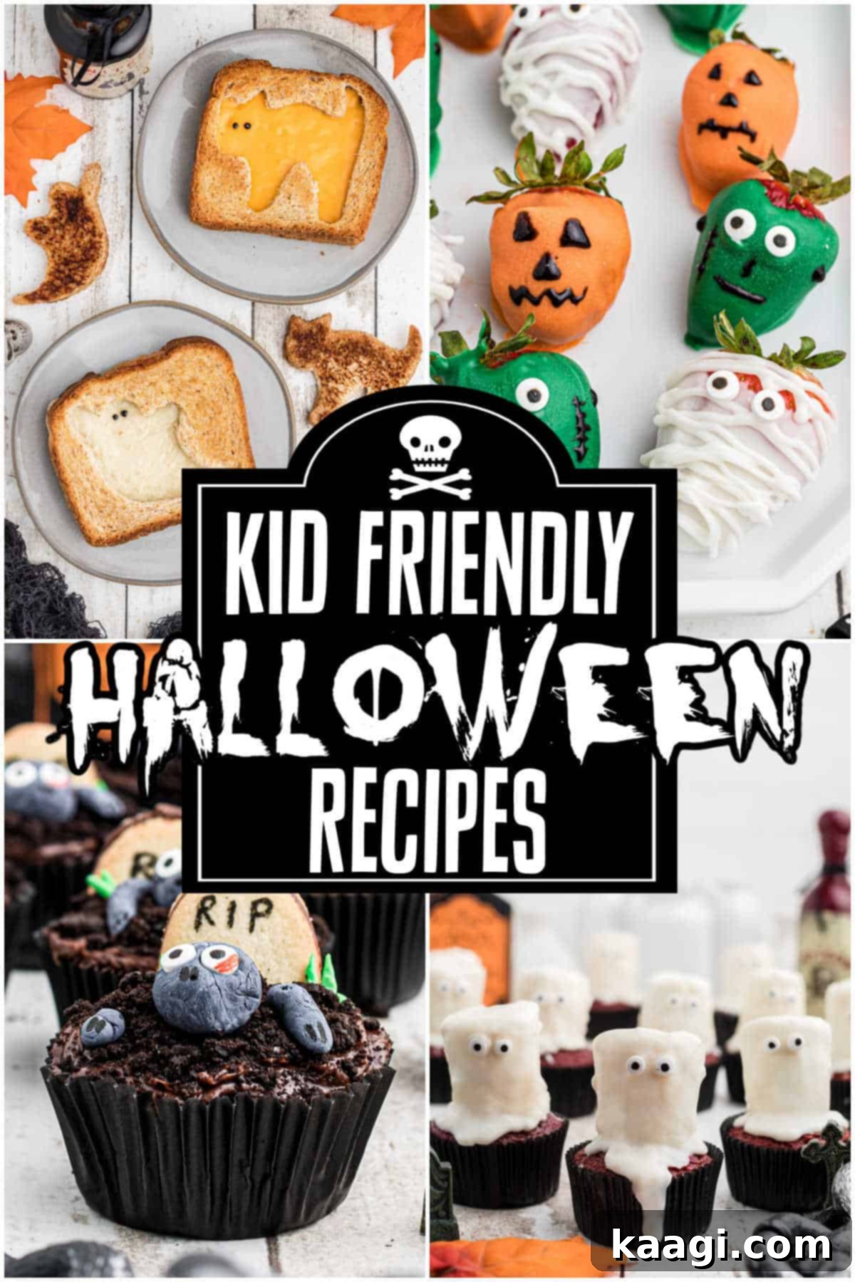 A collage of four images showing various kid-friendly Halloween recipes and treats.