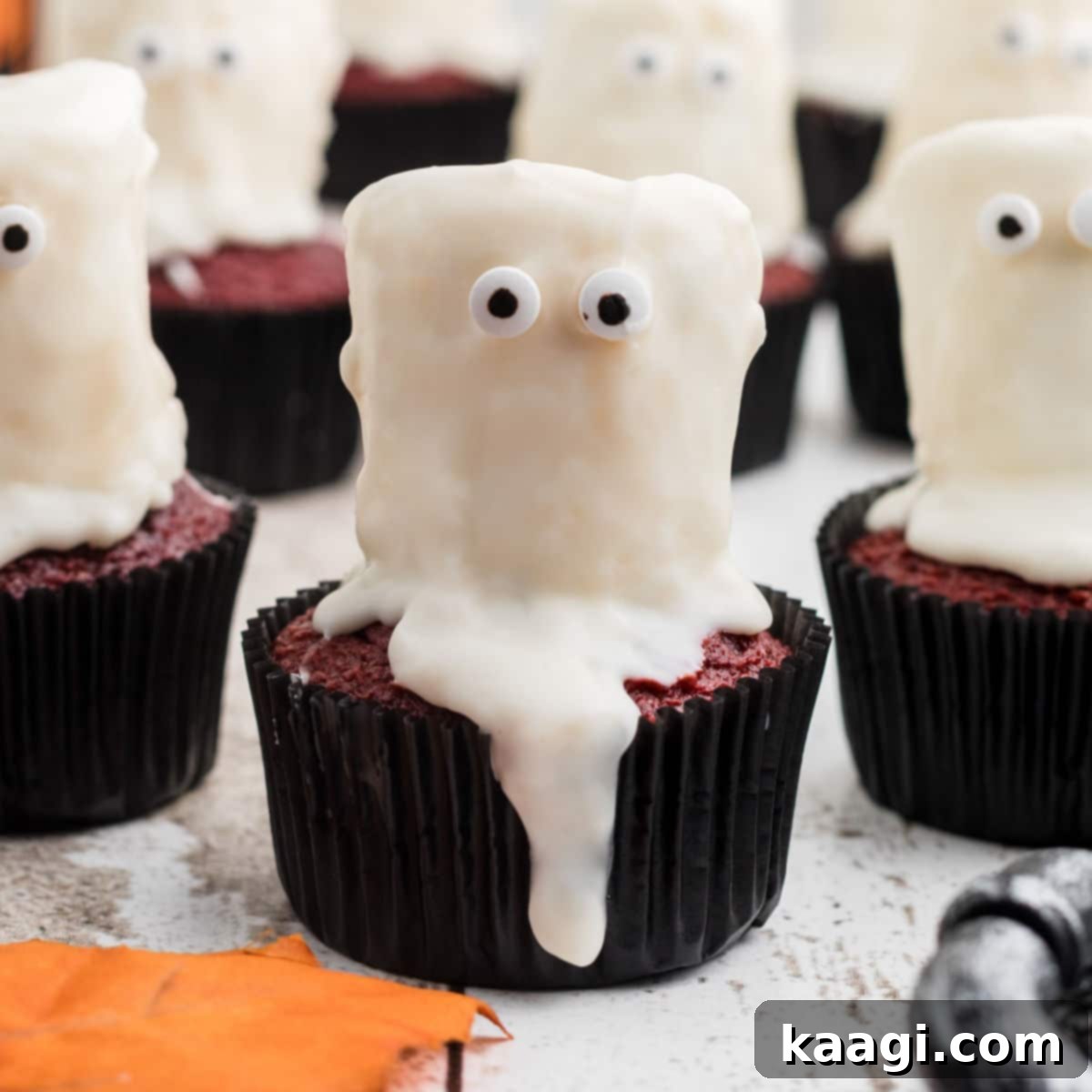 Close up of a ghost cupcake with marshmallow.