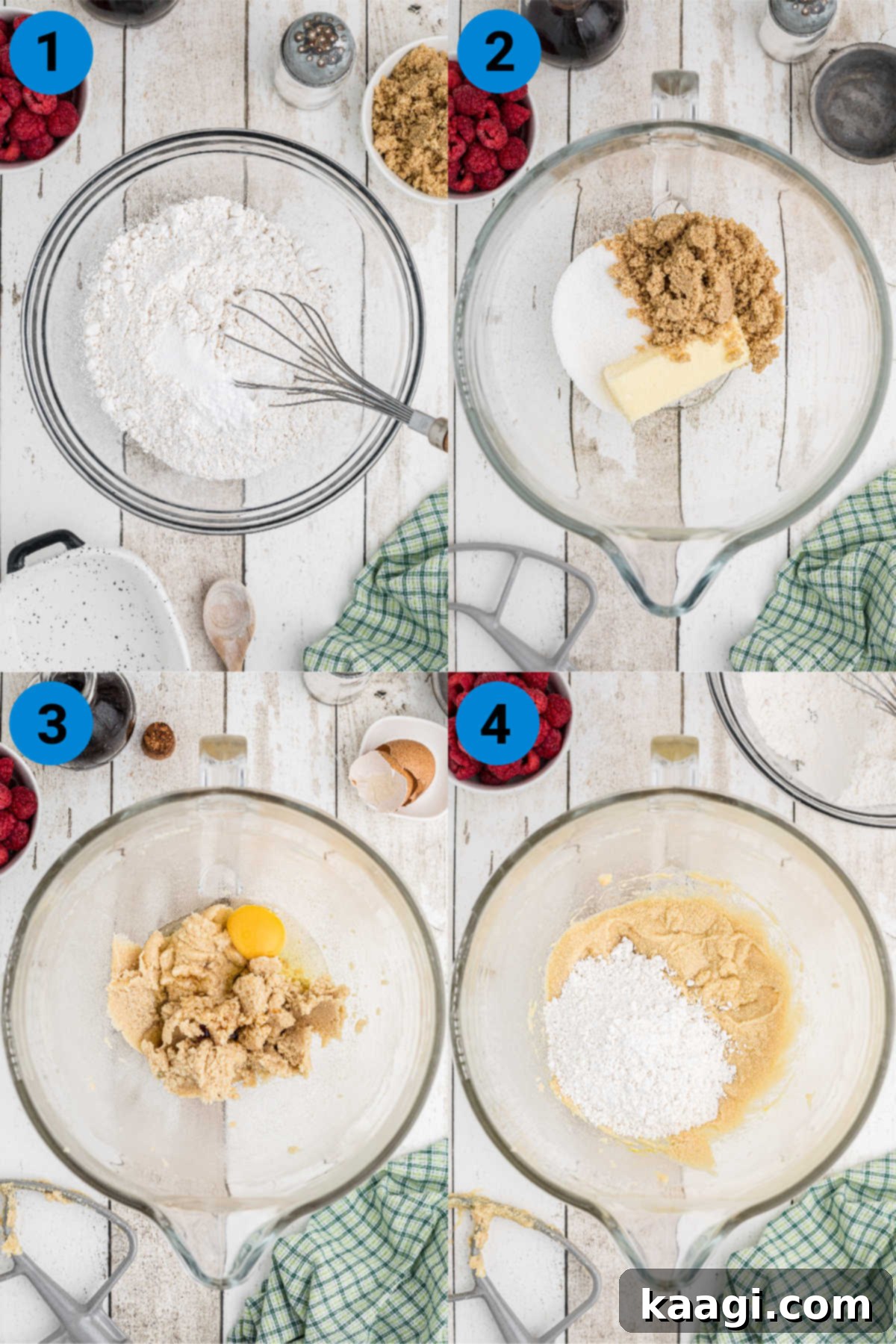 A collage of four images illustrating the initial stages of making white chocolate raspberry cookies, from mixing dry ingredients to creaming butter and sugar.