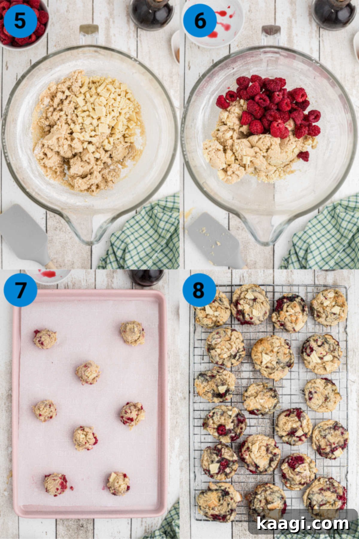 A collage of four images depicting the final steps of making white chocolate raspberry cookies, from folding in ingredients to scooping and baking.