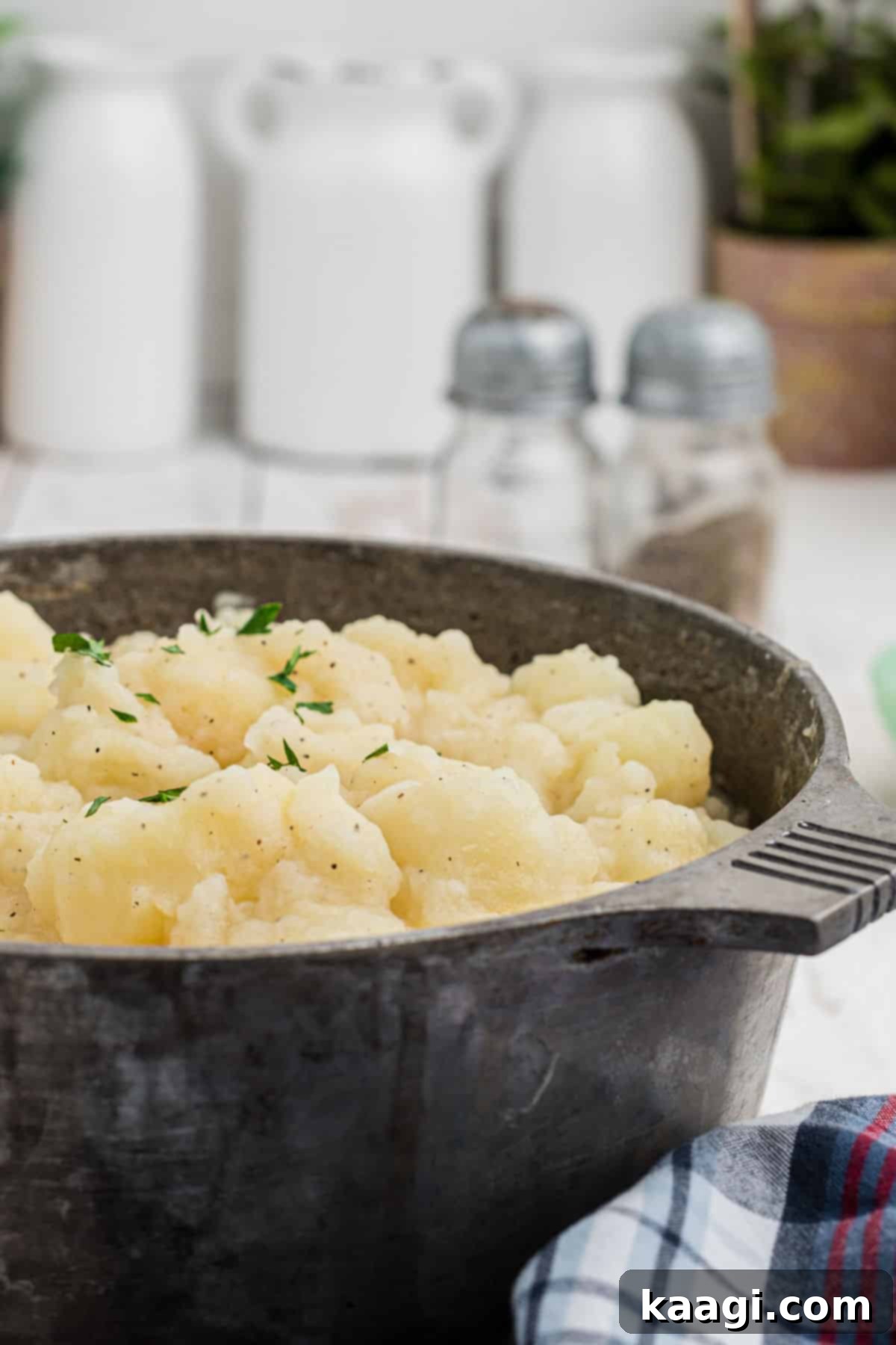 Comforting Potato Stew 6 Side shot of the side of a pot of stewed potatoes, showcasing their creamy consistency and delicious texture, ready to be dished out.