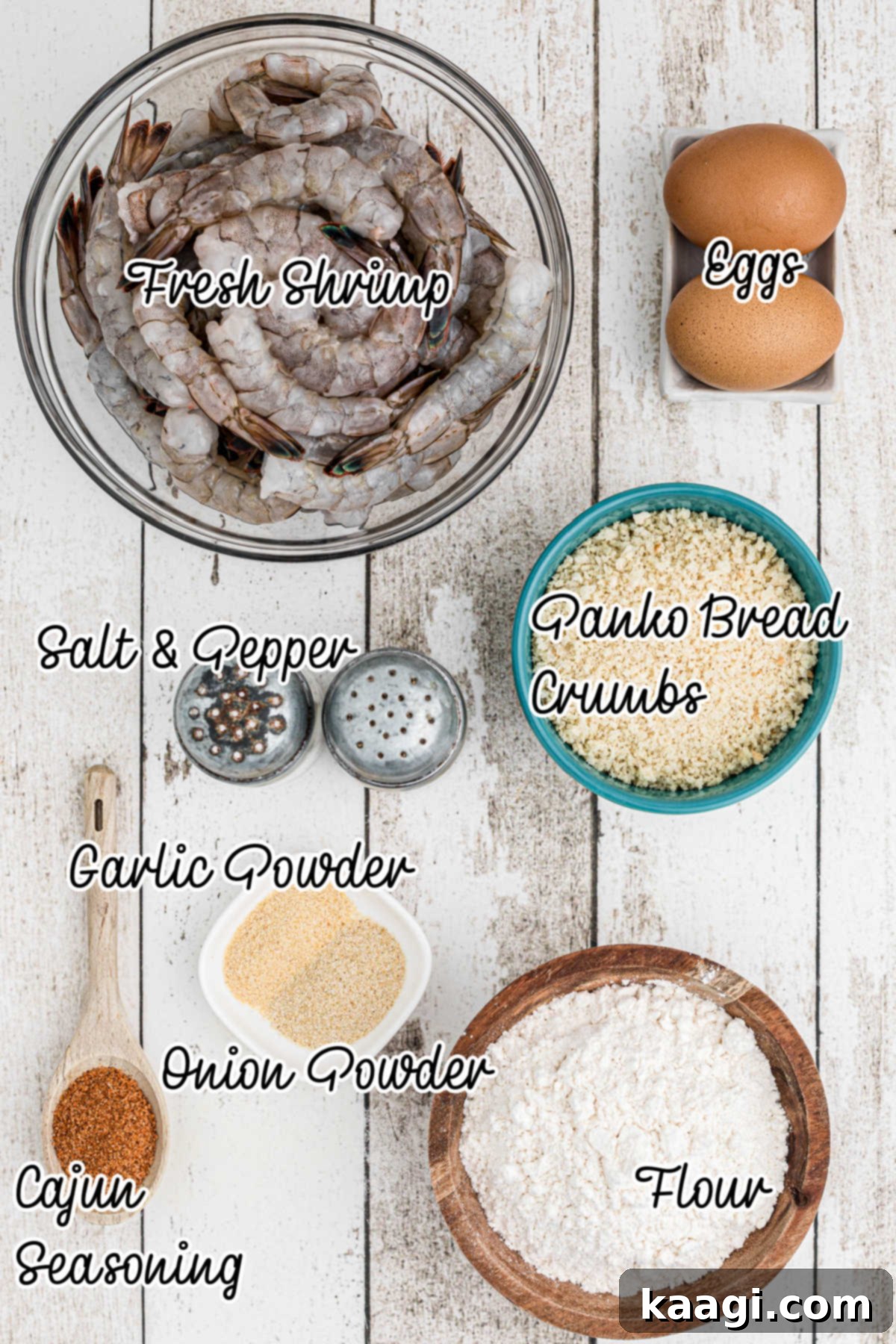 A layout of all ingredients needed to make crispy butterfly shrimp.