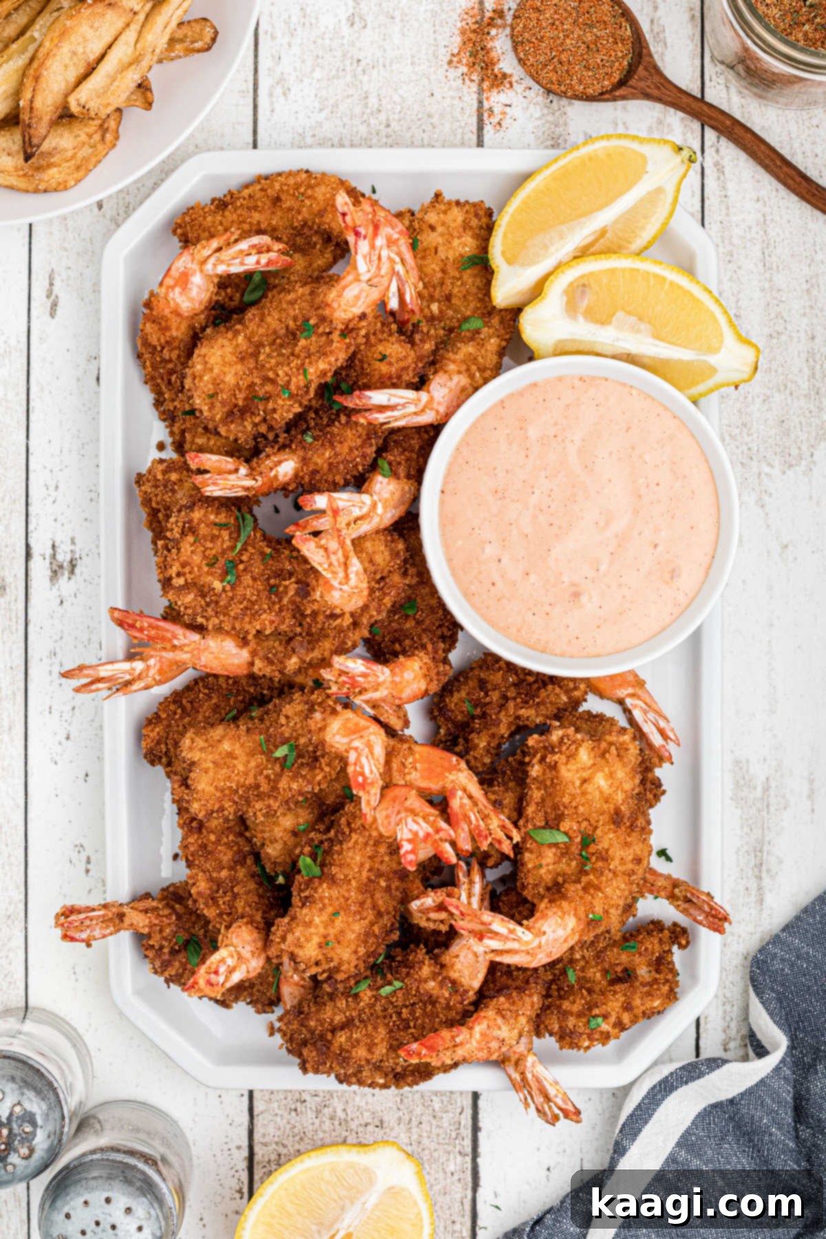 A plate of golden-brown butterfly shrimp served with a side of lemon wedges and dipping sauce.