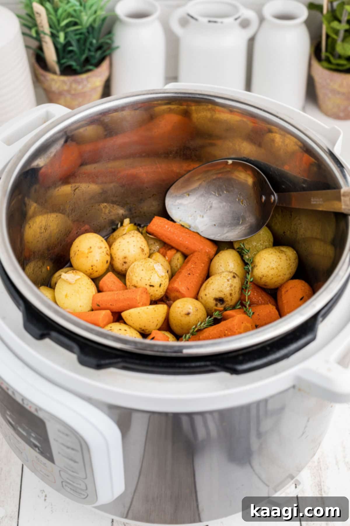 A close-up overhead shot of Instant Pot potatoes and carrots being scooped with a spoon, highlighting the tender texture and delicious sauce.