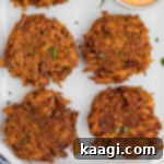 Overhead closeup shot of sweet potato fritter recipe ready to serve.