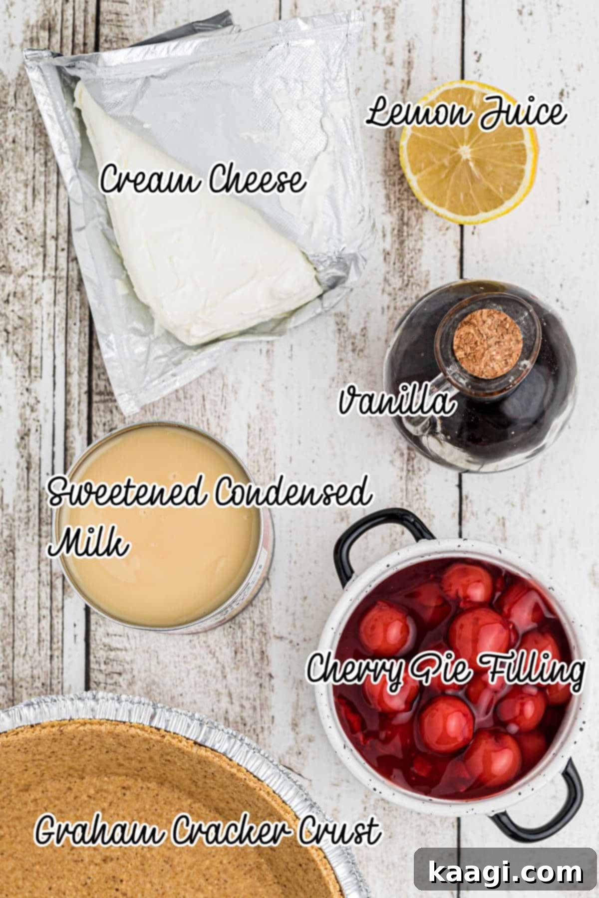 Overhead shot of all the simple ingredients required to effortlessly make a delicious no-bake cherry pie at home.