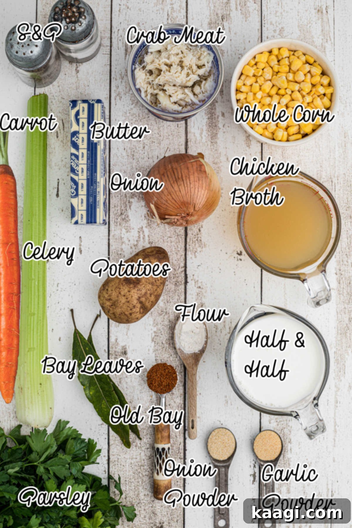Fresh ingredients for crab chowder laid out on a kitchen counter, ready for preparation.