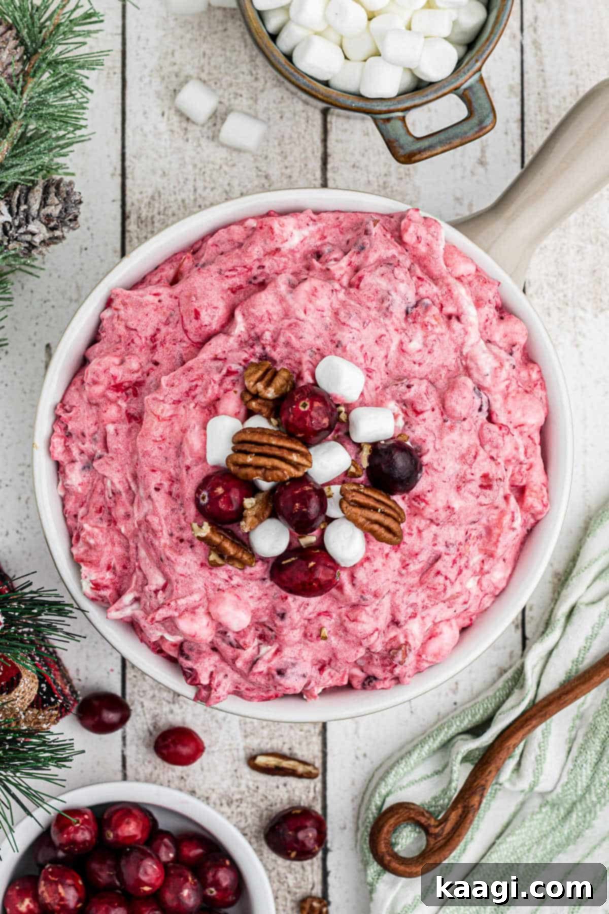 Overhead shot of a bowl of cranberry salad, garnished with whole cranberries and pecans.