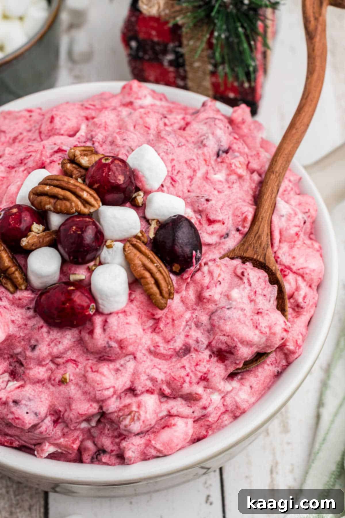 A close up of a bowl of cranberry salad with a spoon digging into it, showing the creamy texture.