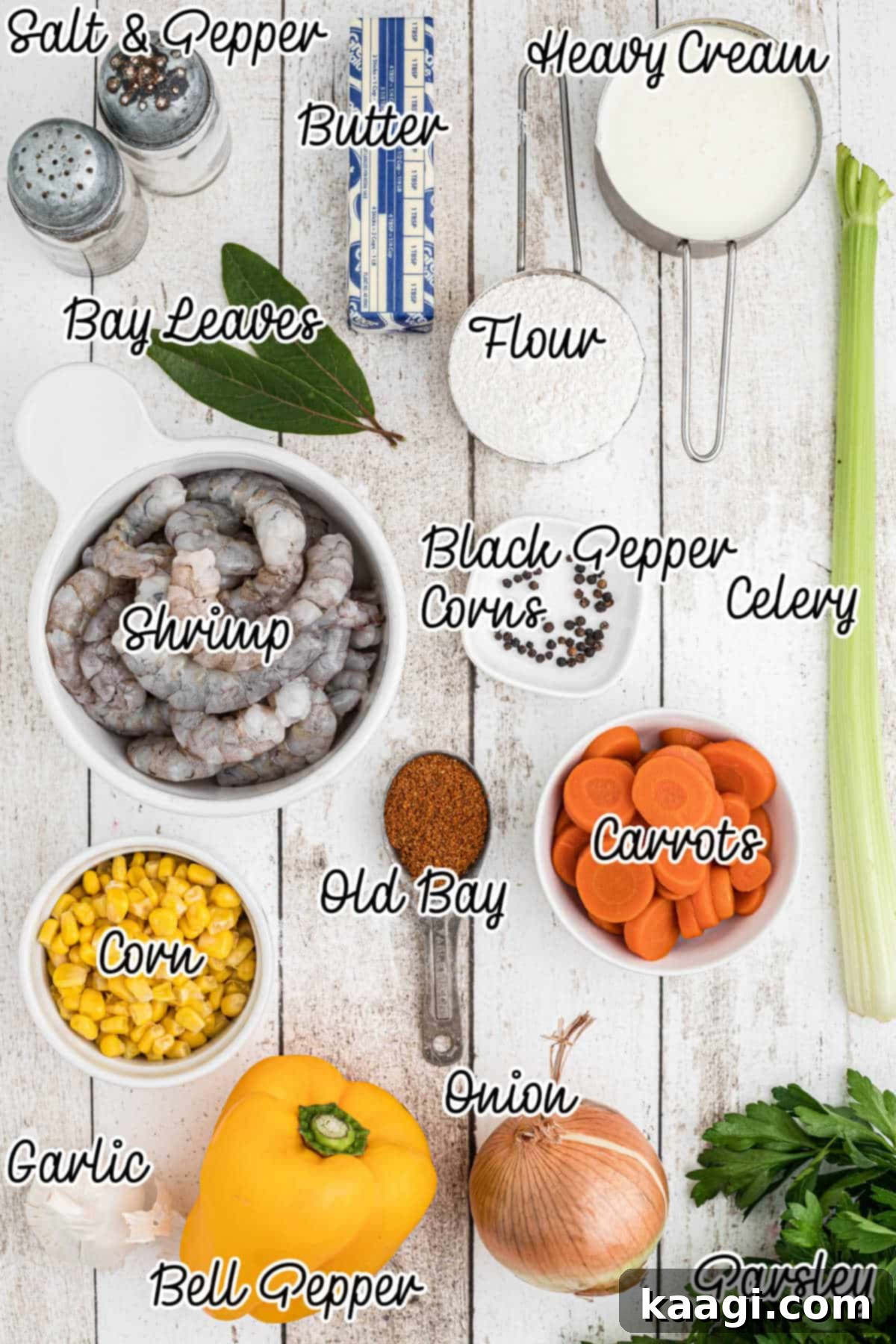 Creamy Shrimp and Sweet Corn Bisque 3 Overhead shot of a bunch of ingredients needed to make a shrimp and corn bisque.