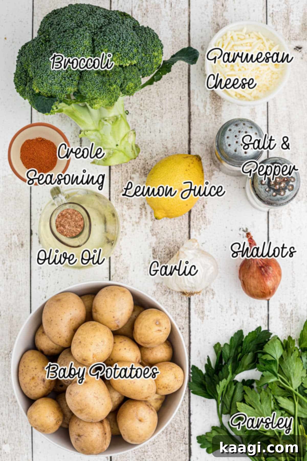 Crispy Roasted Potatoes and Broccoli 3 Ingredients needed to make roasted potatoes and broccoli, all laid out on a kitchen counter with text overlay.