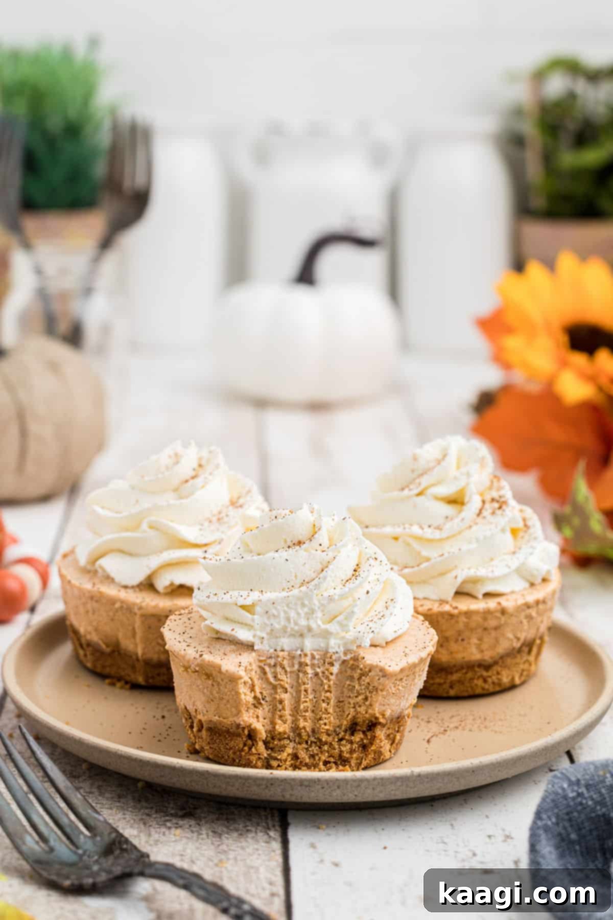 A shot from the front of three mini pumpkin pies, each topped with a swirl of whipped cream and a dusting of pumpkin pie spice.