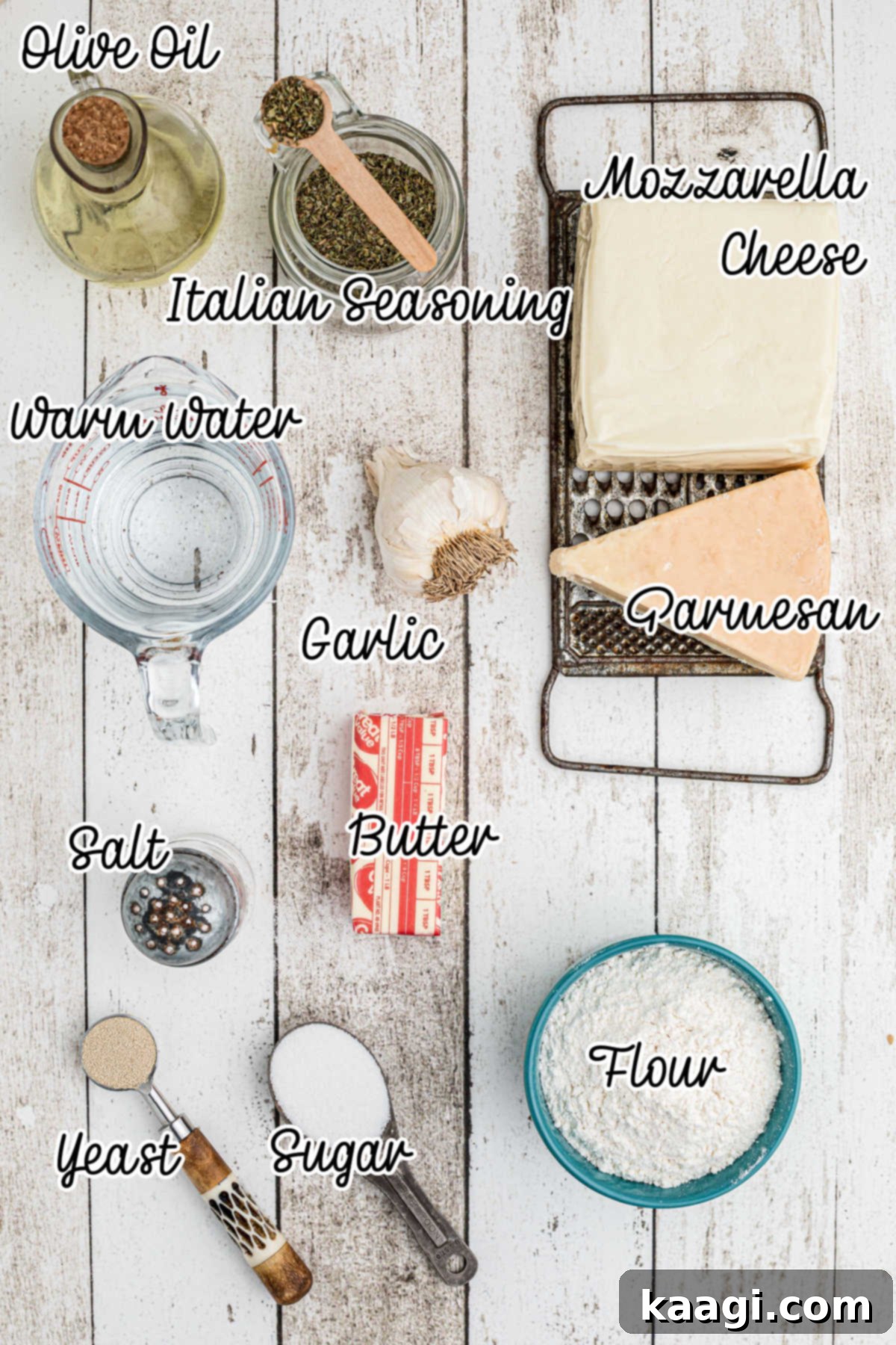 Mastering Little Caesars Cheesy Bread at Home 3 Ingredients needed to make a Little Caesars Italian Cheese Bread Recipe, laid out on a kitchen counter.