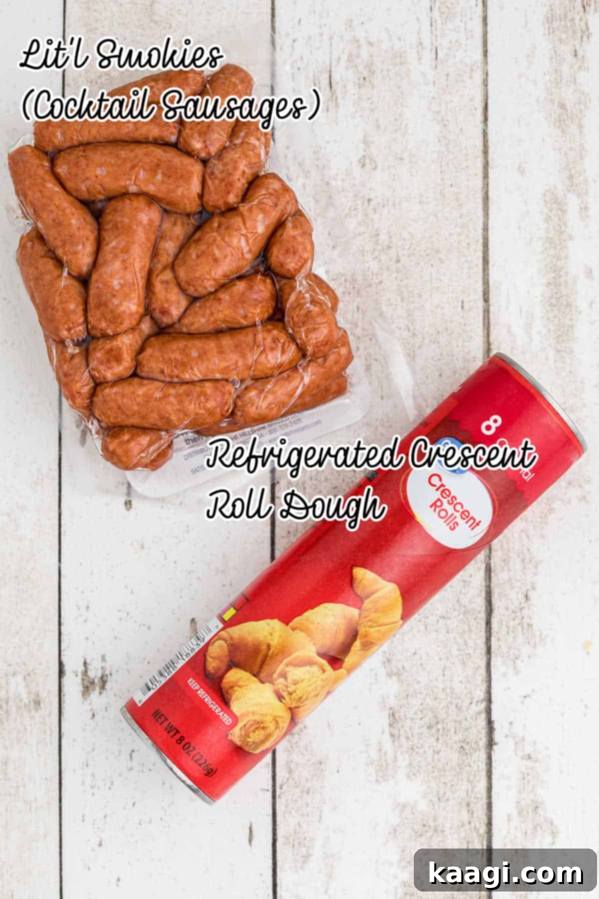 Ingredients for air fryer pigs in blankets: a package of Little Smokies and a can of crescent roll dough.