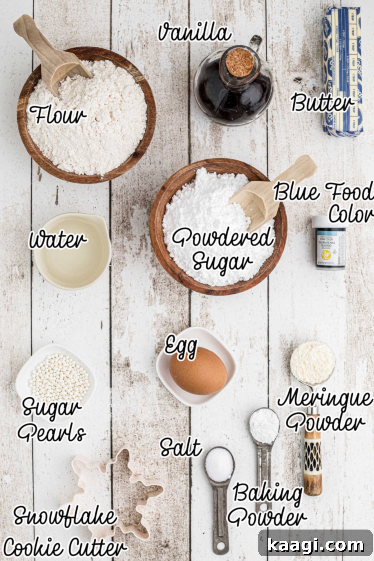 Ingredients needed to make snowflake cookies with text overlay.