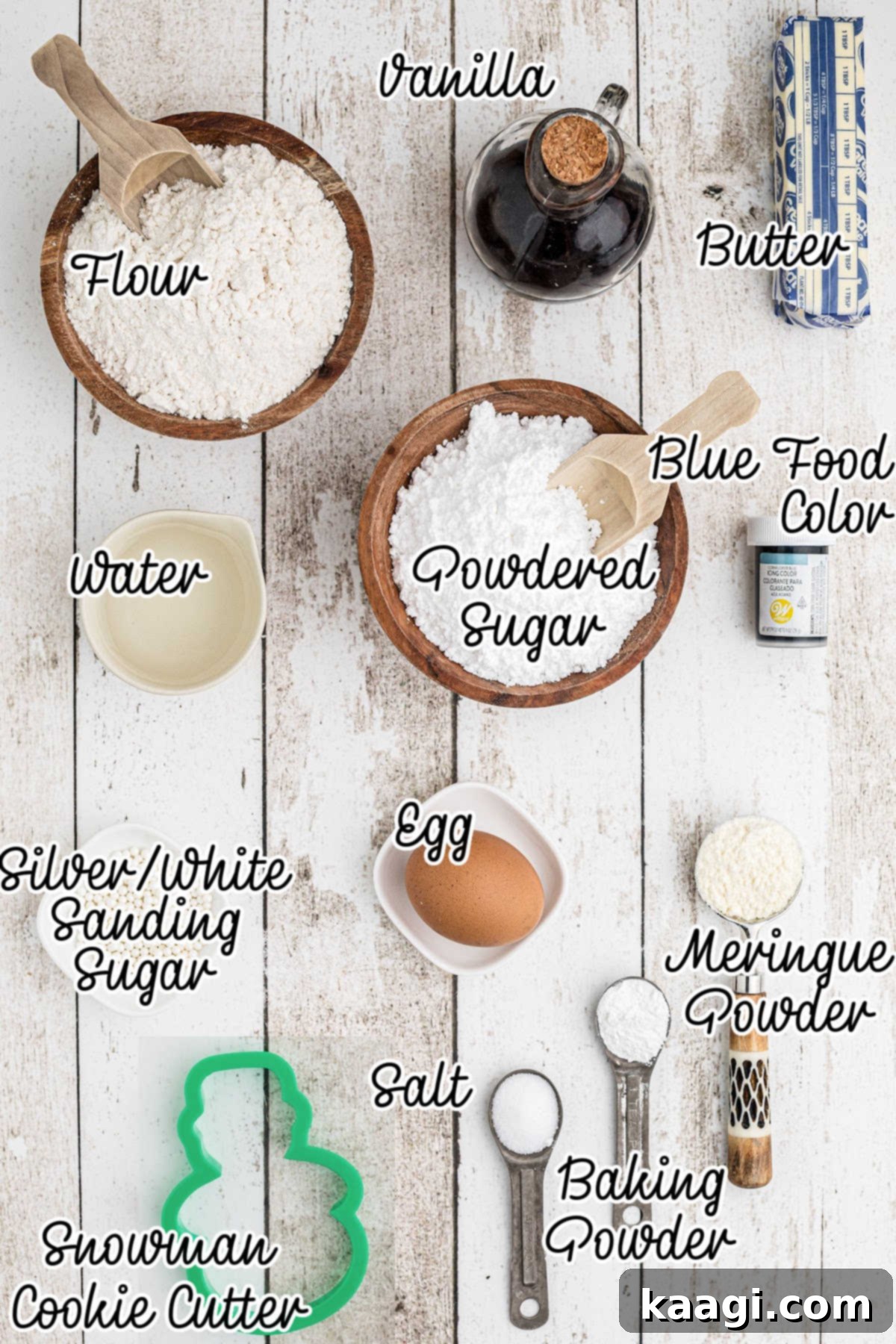 Ingredients needed to make a copycat starbucks snowman cookie recipe.