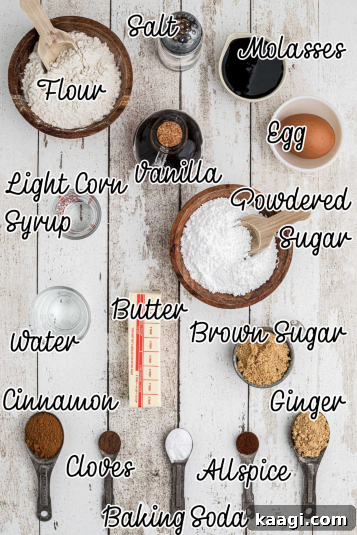 Ingredients laid out, what is needed to make snowflake gingerbread cookies, with text overlay.