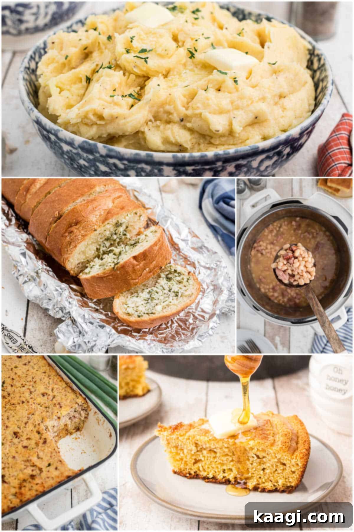 Collage of various delicious side dishes perfect for serving with cabbage rolls, including potatoes, mac and cheese, and vegetables.