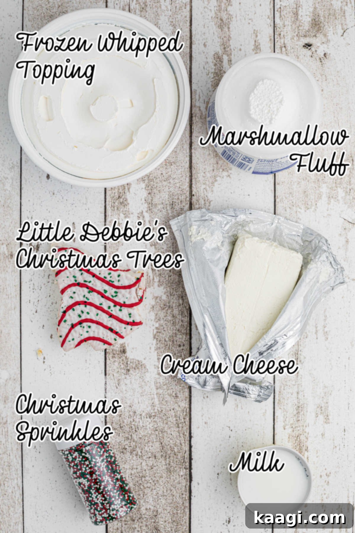 Sparkling Christmas Tree Dip 3 Ingredients needed to make a Christmas Tree Dip, including cream cheese, whipped topping, milk, marshmallow creme, Little Debbie Christmas Trees, and sprinkles.