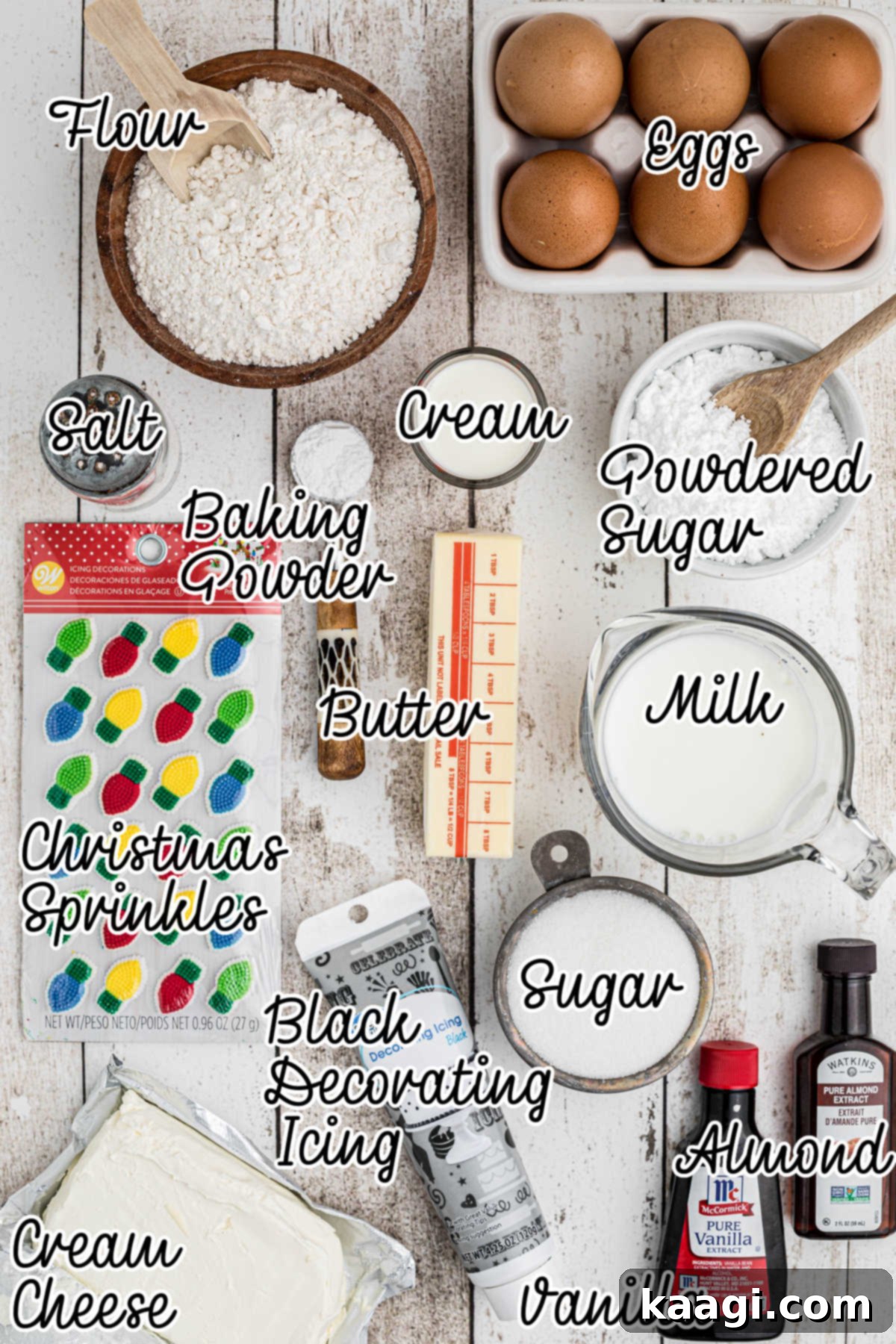 Holiday Bundt Bliss 3 Overhead shot of all the fresh ingredients needed to bake a Christmas Bundt Cake, neatly arranged on a counter.