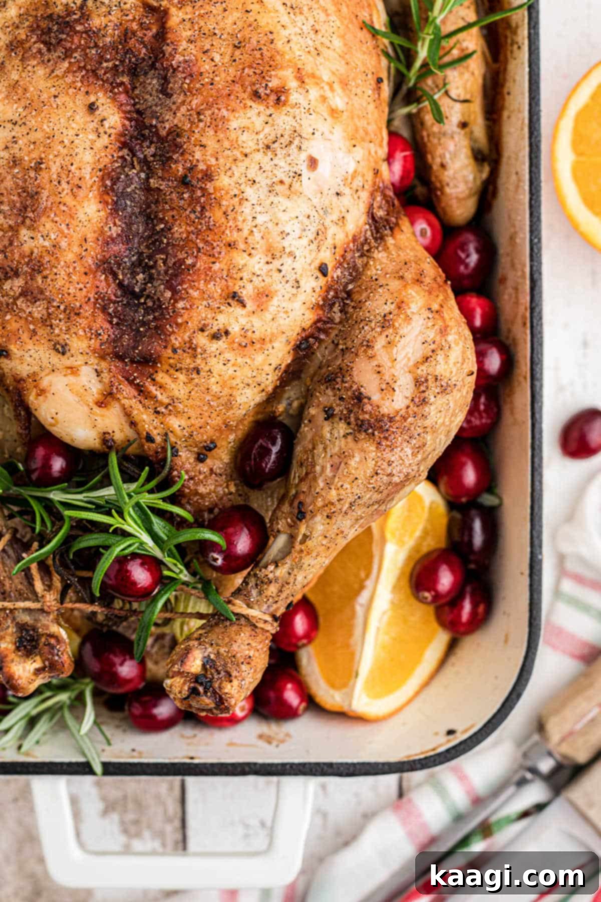 Overhead close up shot of the corner of a Christmas roast chicken, with cranberries and rosemary.