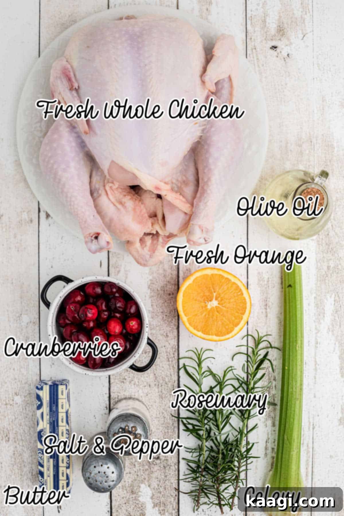Ingredients laid out, showing what is needed to make a Christmas roast chicken.