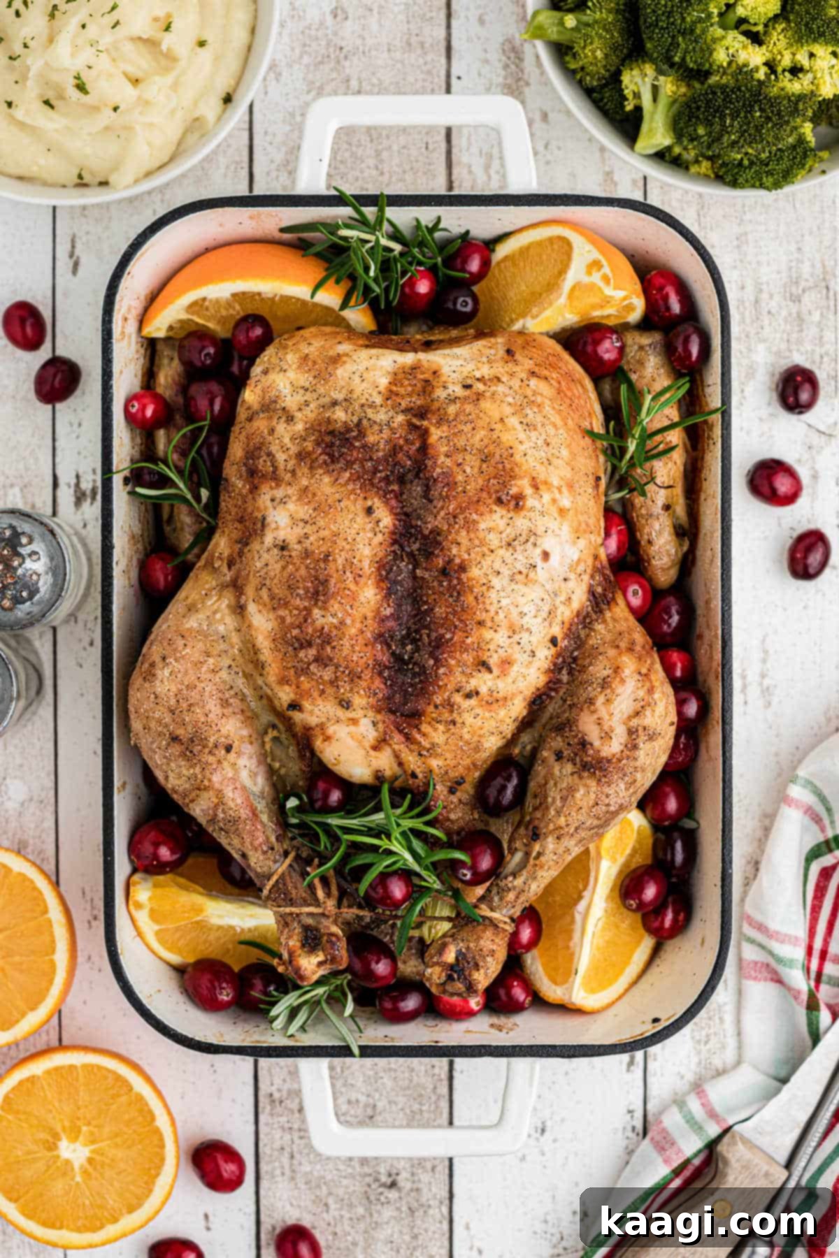 Overhead shot of a Christmas roast chicken.