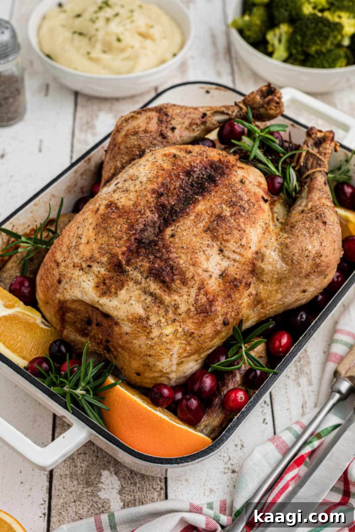 Side skewed shot of a Christmas roast chicken.
