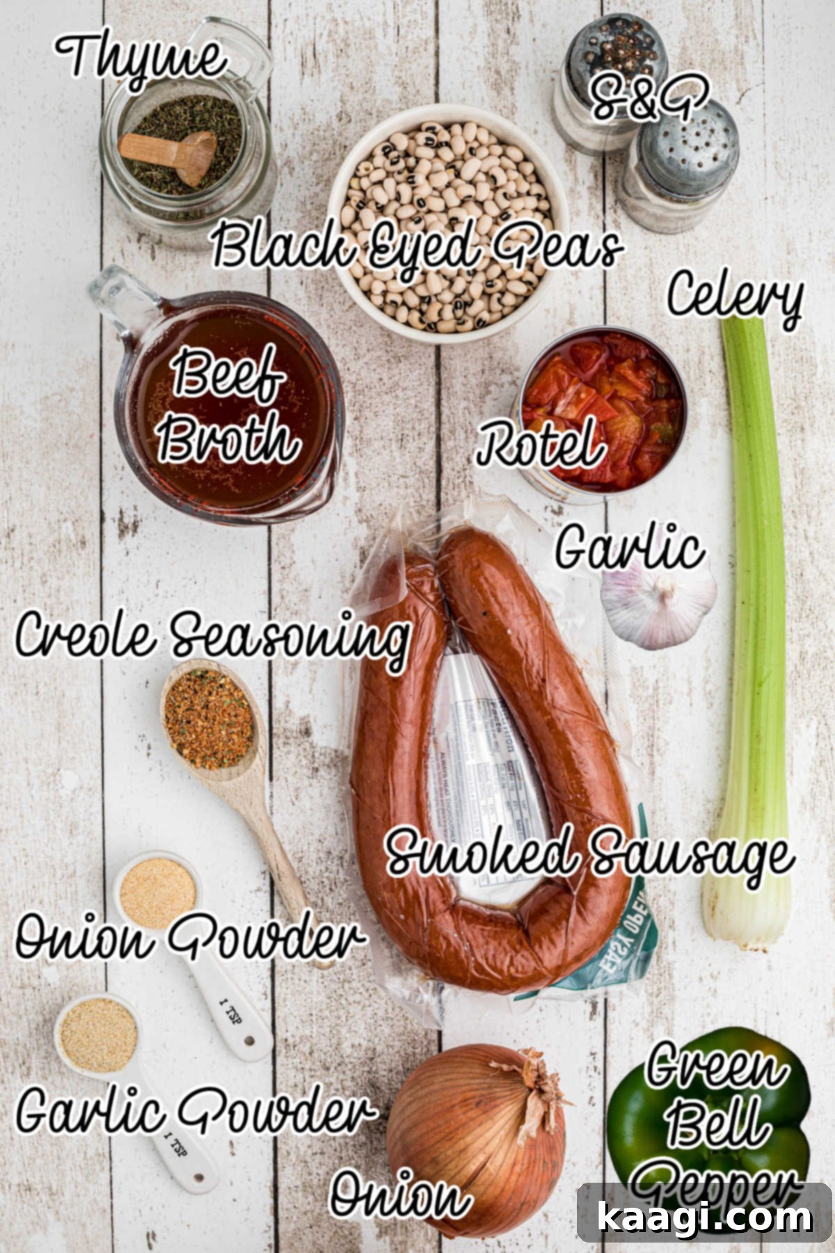 Easy Slow Cooker Hoppin John 3 All the fresh and flavorful ingredients for Crock Pot Hoppin' John, neatly laid out on a wooden surface, ready for cooking.