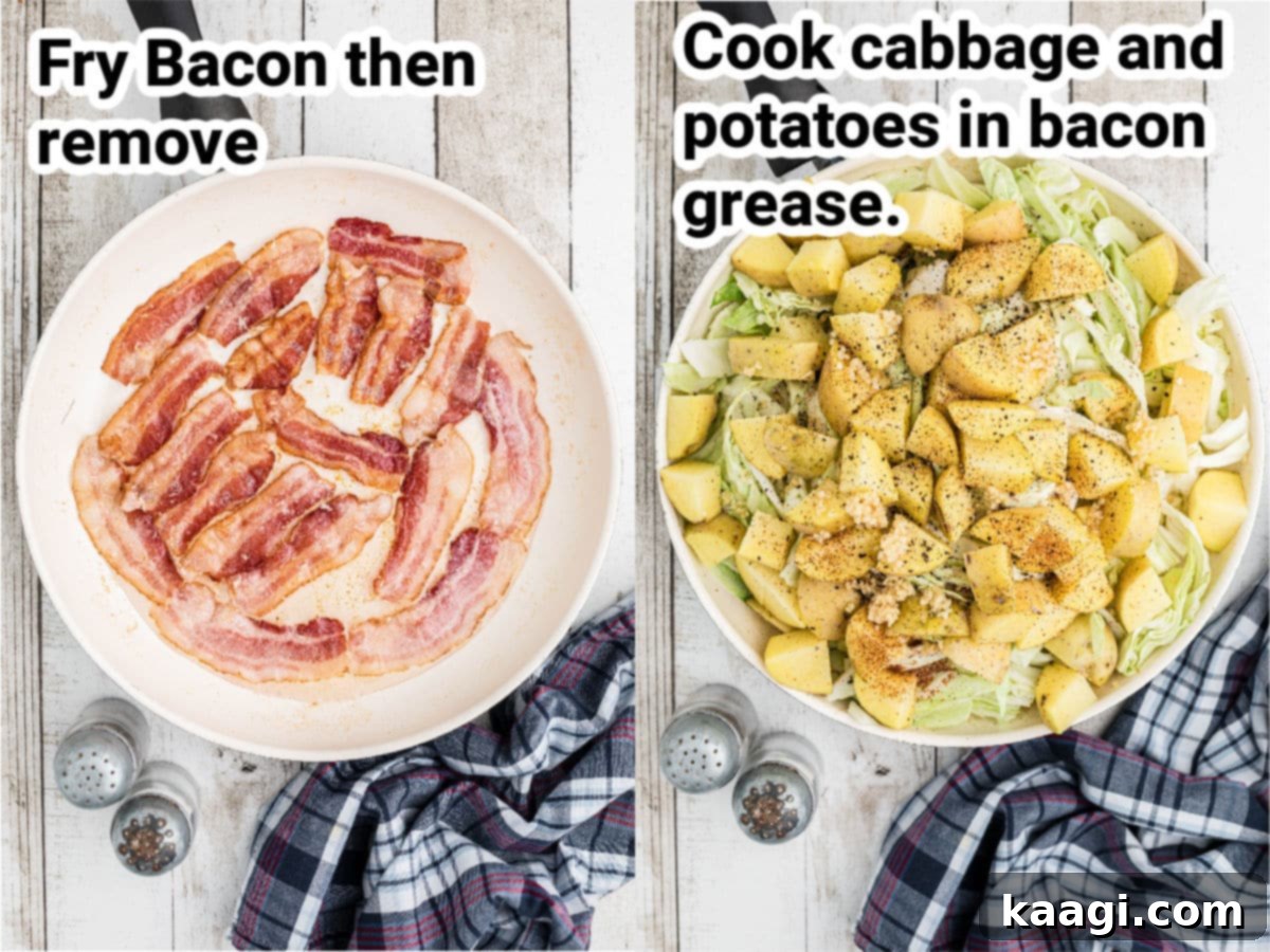 A series of three images showing the steps of cooking fried cabbage and potatoes: bacon frying, vegetables sautéing in the pan, and the final dish covered.