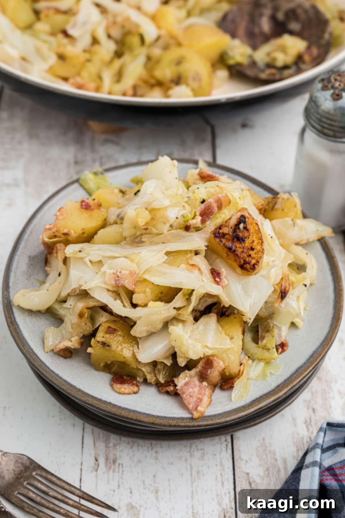 A serving of fried cabbage and potatoes artfully arranged on a white plate, ready to be enjoyed.