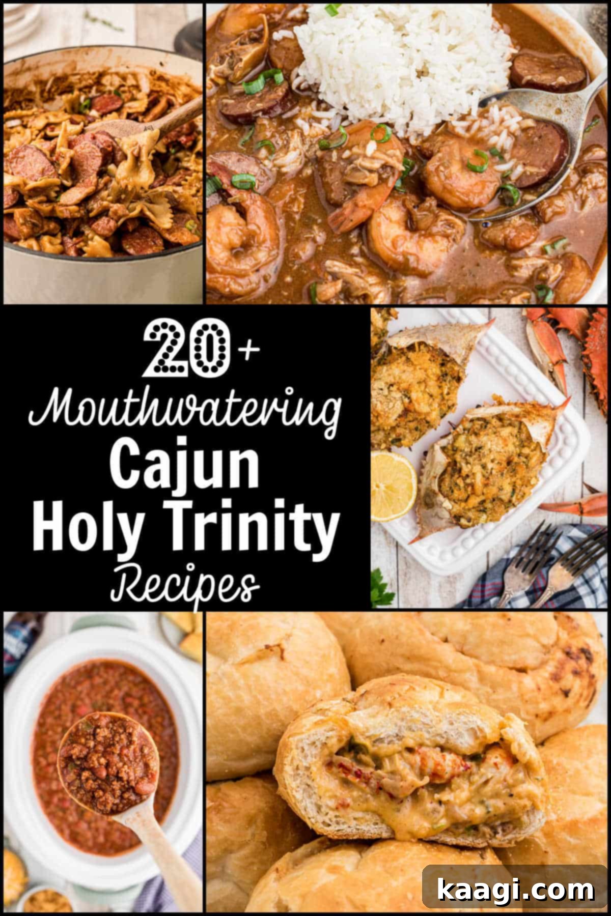 A collage of various Cajun Holy Trinity recipes with text overlay, showcasing the rich and diverse culinary traditions of Louisiana.