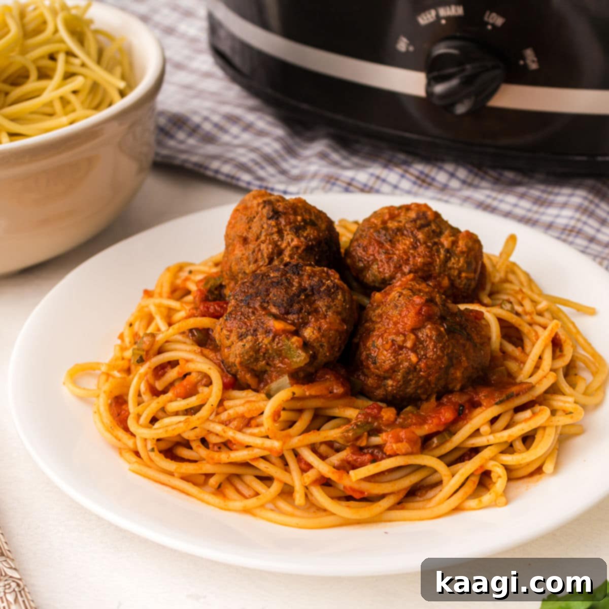 close up of a plate of spaghetti and meatballs with a crock pot in the background