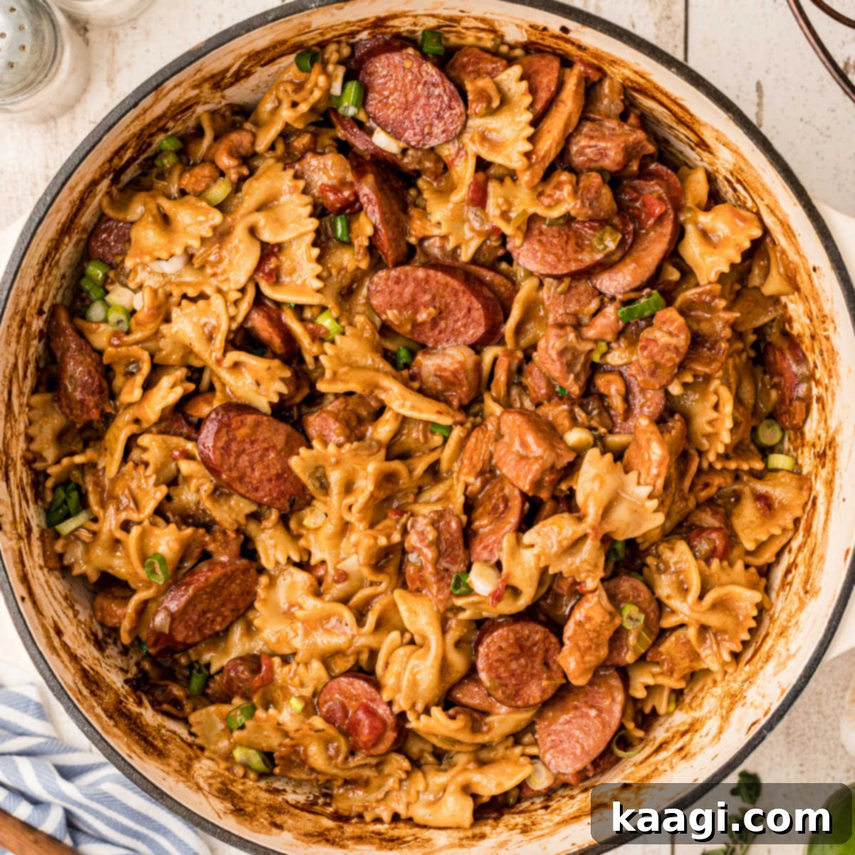 Overhead shot of a pot full of Cajun Pastalaya.
