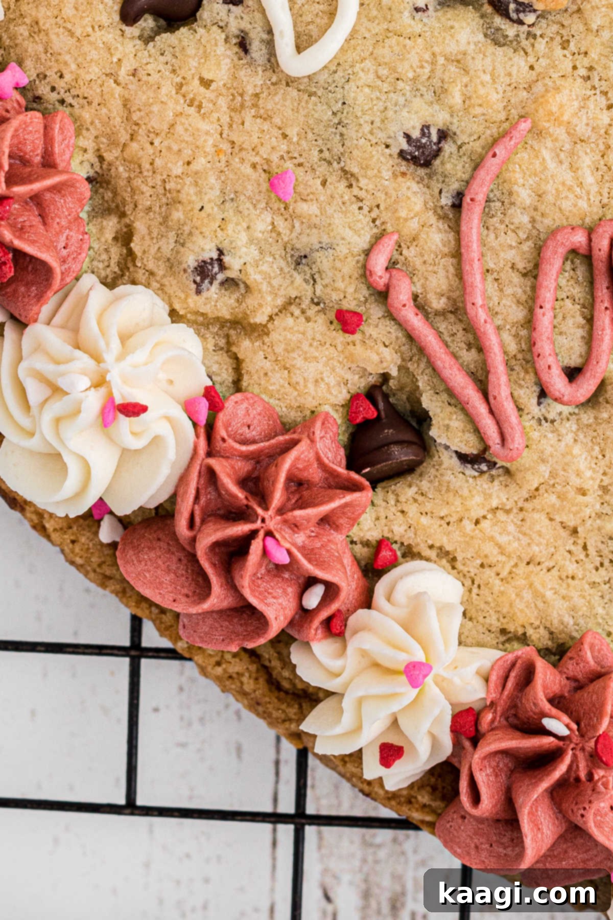 Close up of a side of a giant valentines cookie, of the white and pink frosting, showing the texture and decoration.