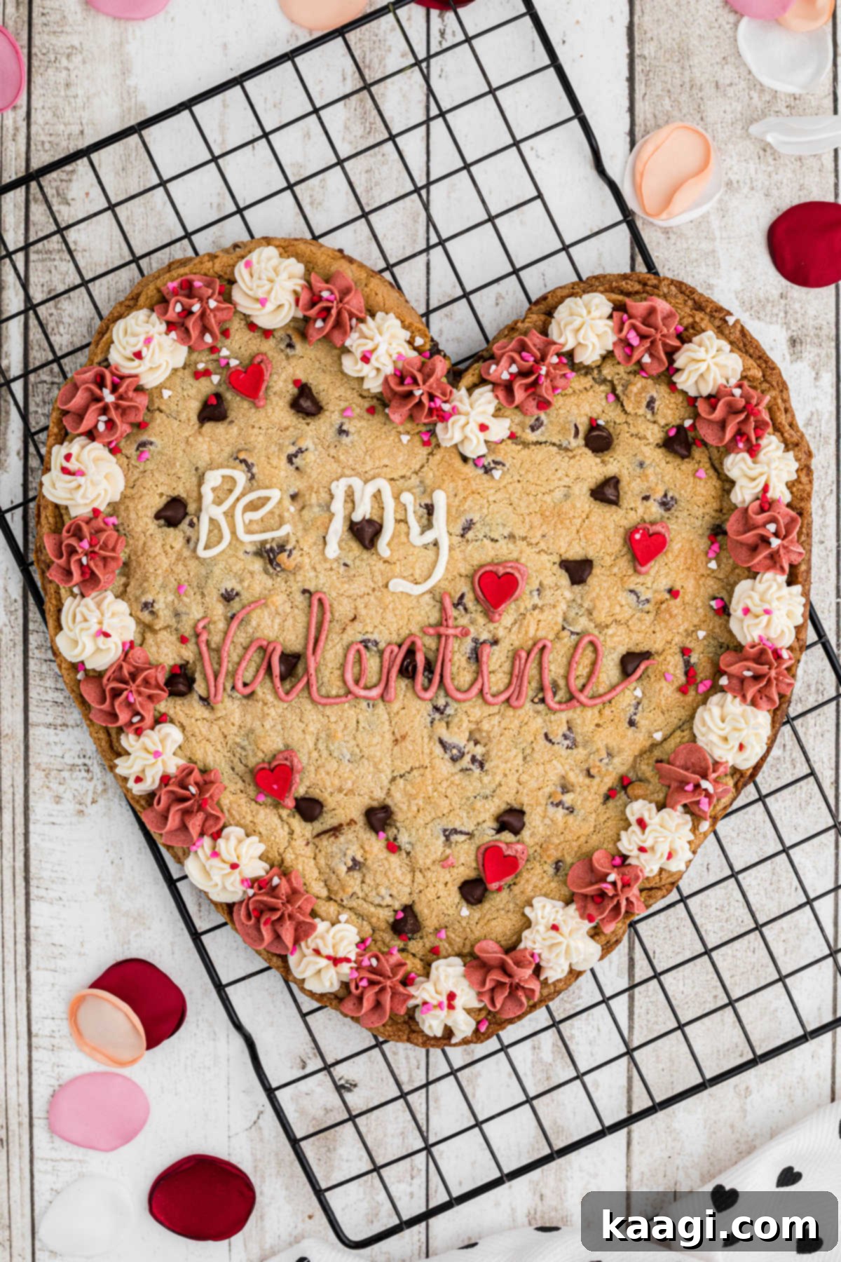 An overhead shot of a giant valentines cookie on a cooling rack, after decoration.