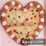 A giant valentines cookie on a pink baking sheet, ready for serving.