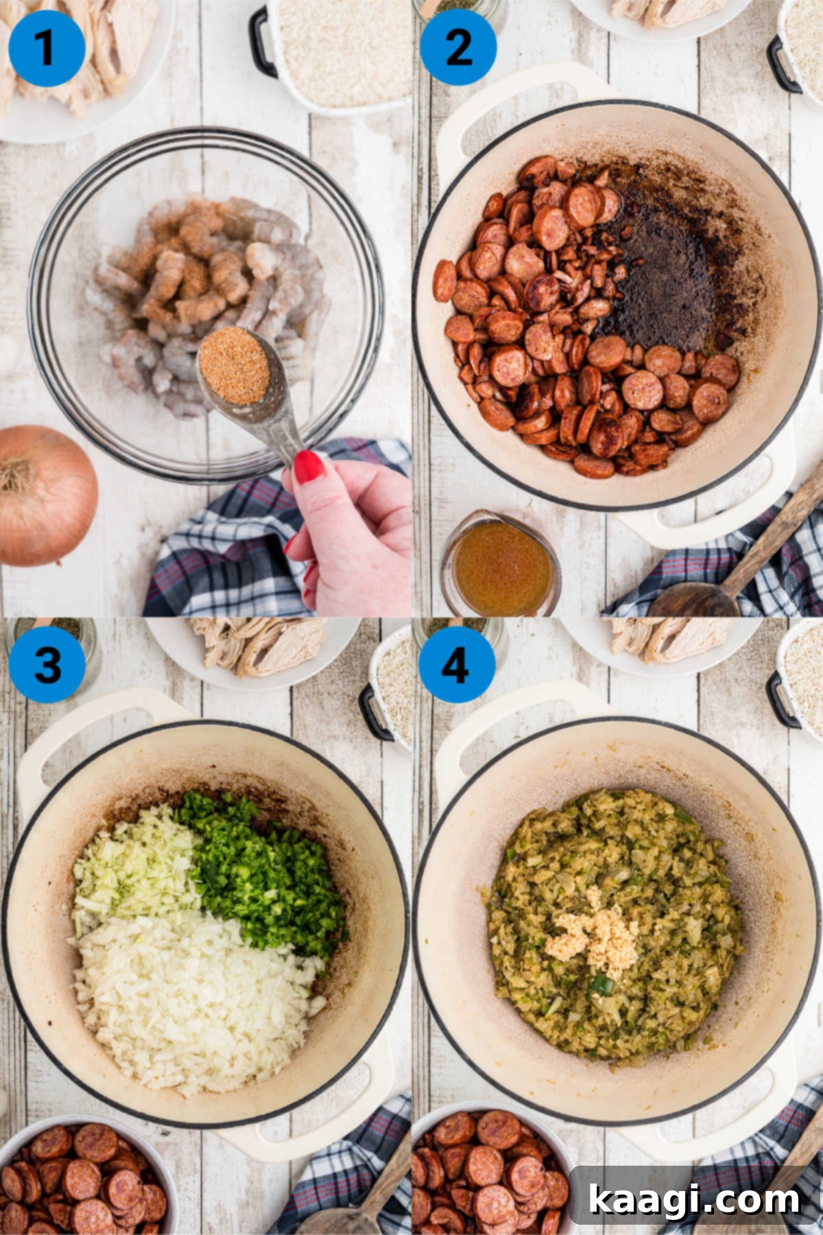 A collage of four images illustrating various stages of making Dutch Oven Jambalaya, from sautéing vegetables to adding broth.