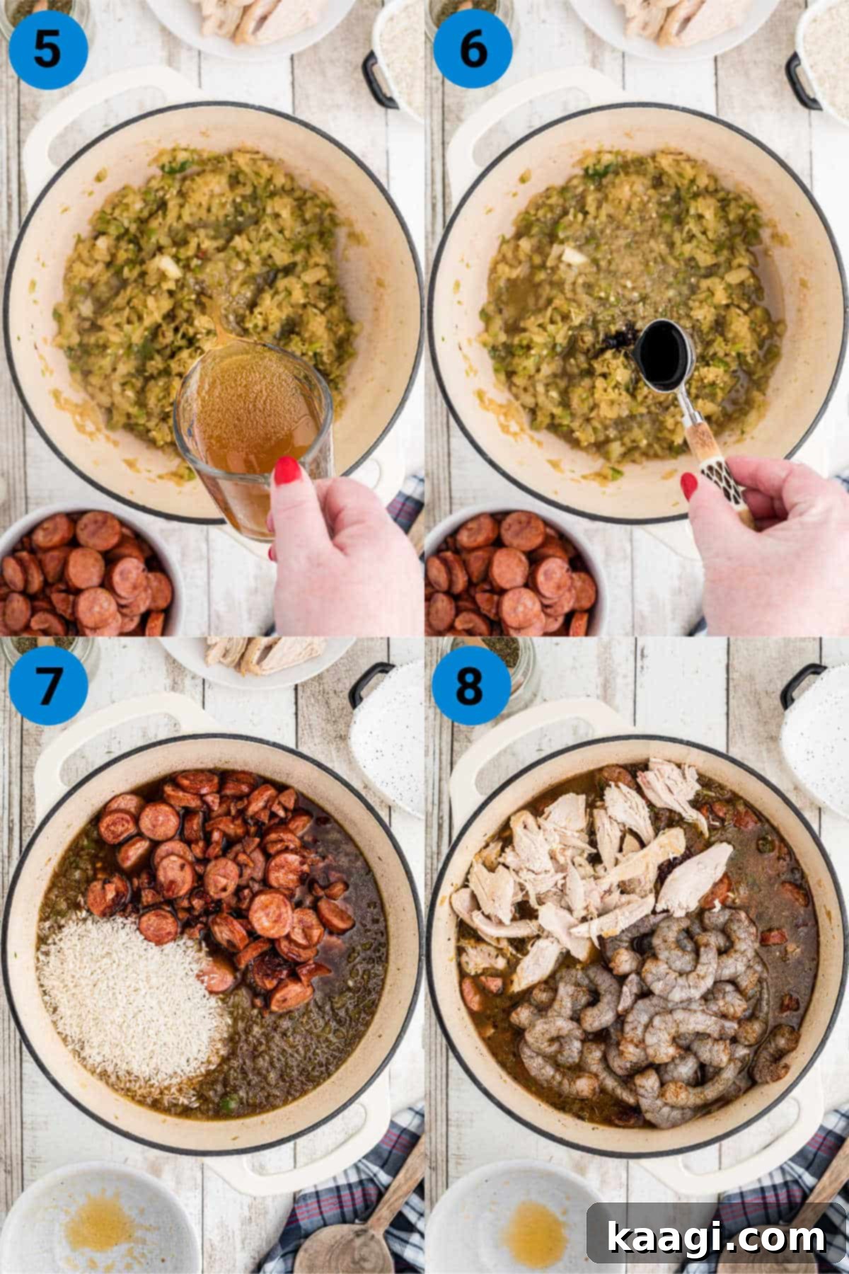 A collage of four images showing the final steps of making Jambalaya, including adding shrimp, cooking in the oven, and serving.