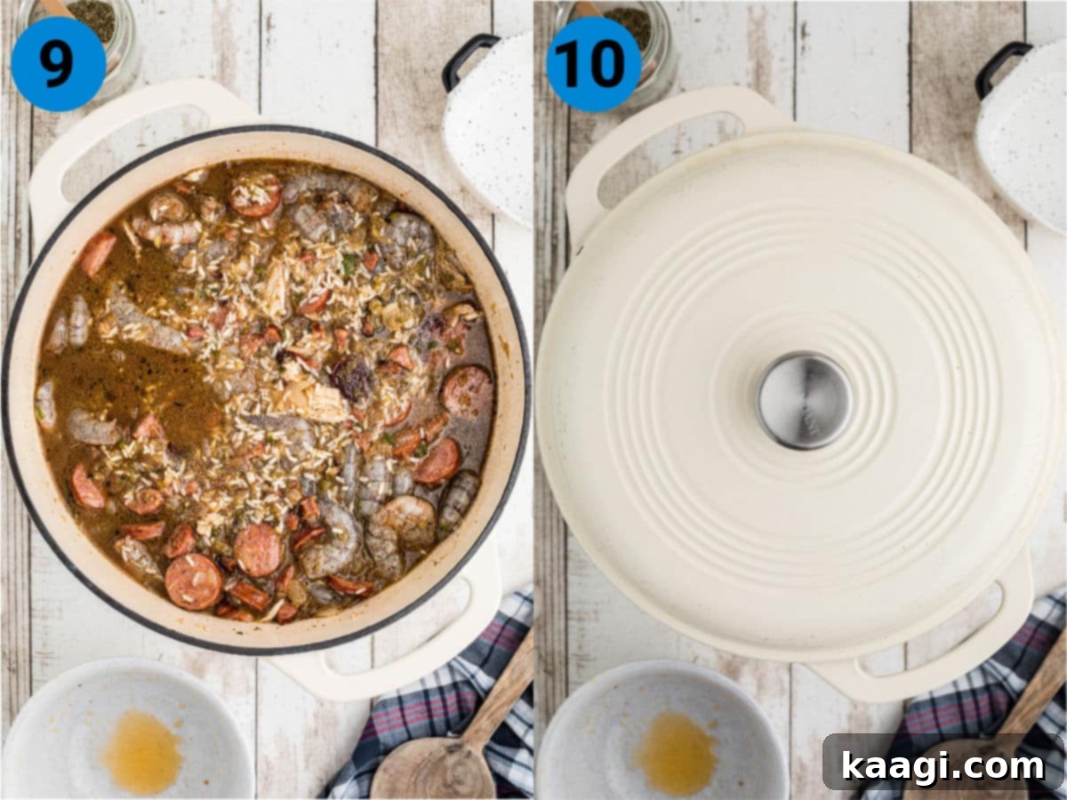 Side by side images depicting a simmering Dutch Oven Jambalaya and a close-up of the finished dish.