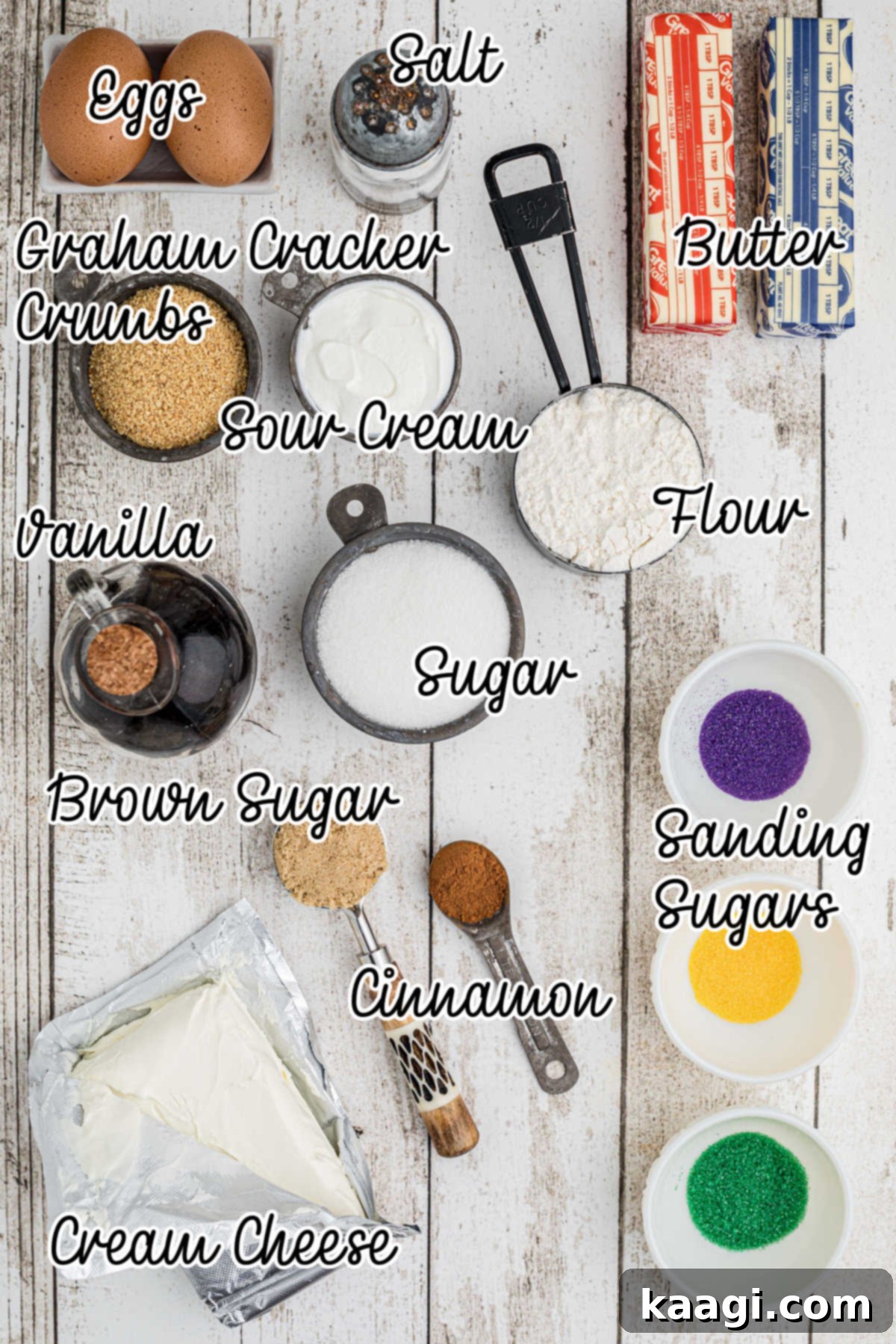 Festive Mardi Gras Cheesecake 3 Overhead shot of ingredients needed to make a Mardi Gras Cheesecake.