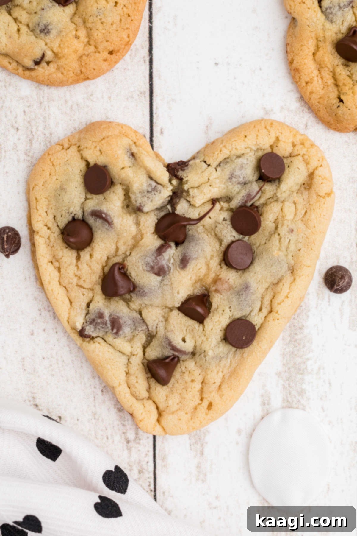 Overhead long shot of Heart Shaped Chocolate chip cookies.