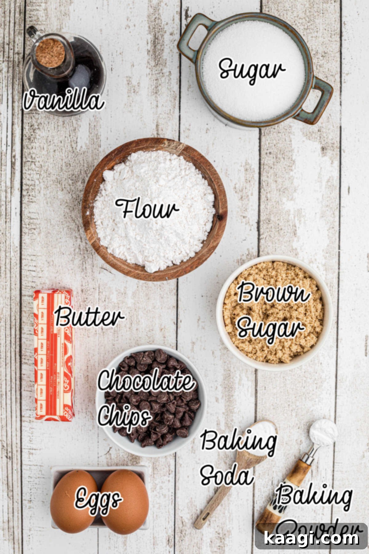 Overhead shot of ingredients needed to make heart shaped chocolate chip cookies.