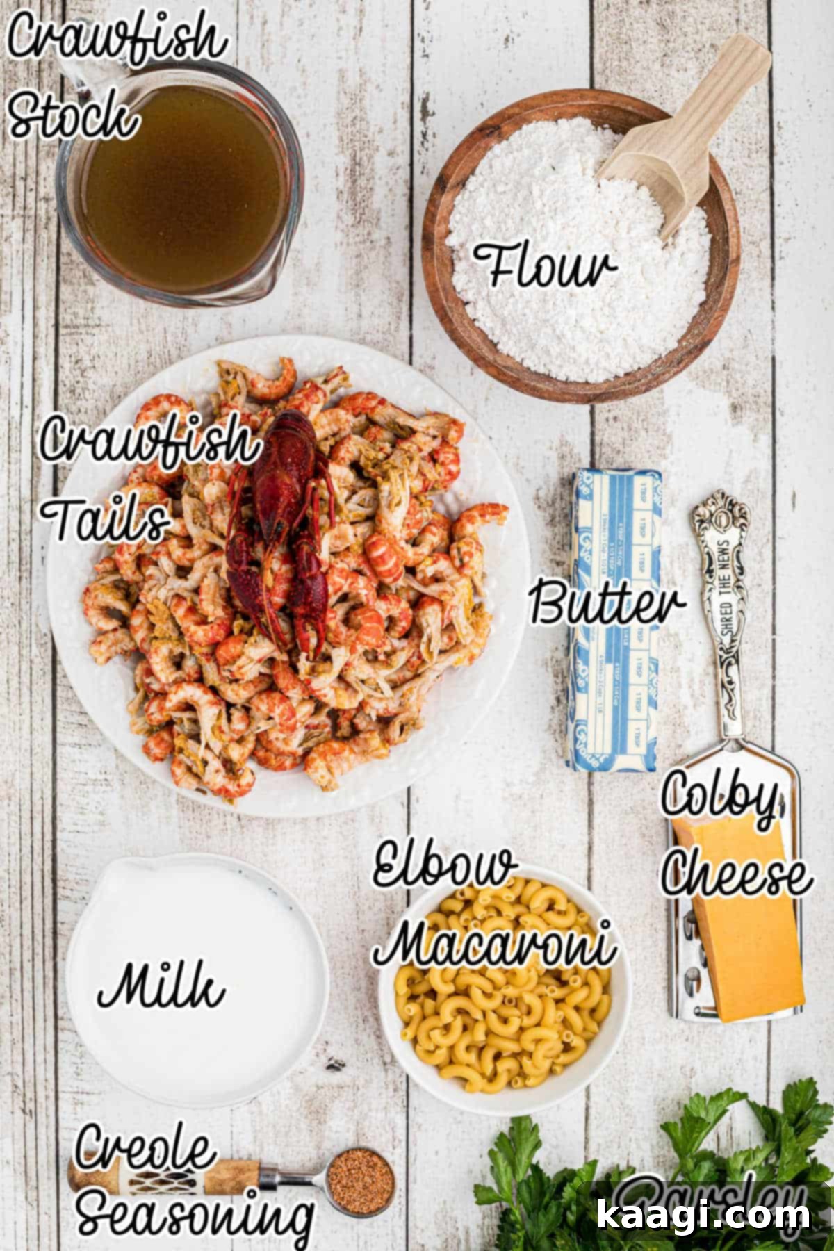 Overhead image of ingredients needed to make a crawfish mac and cheese.