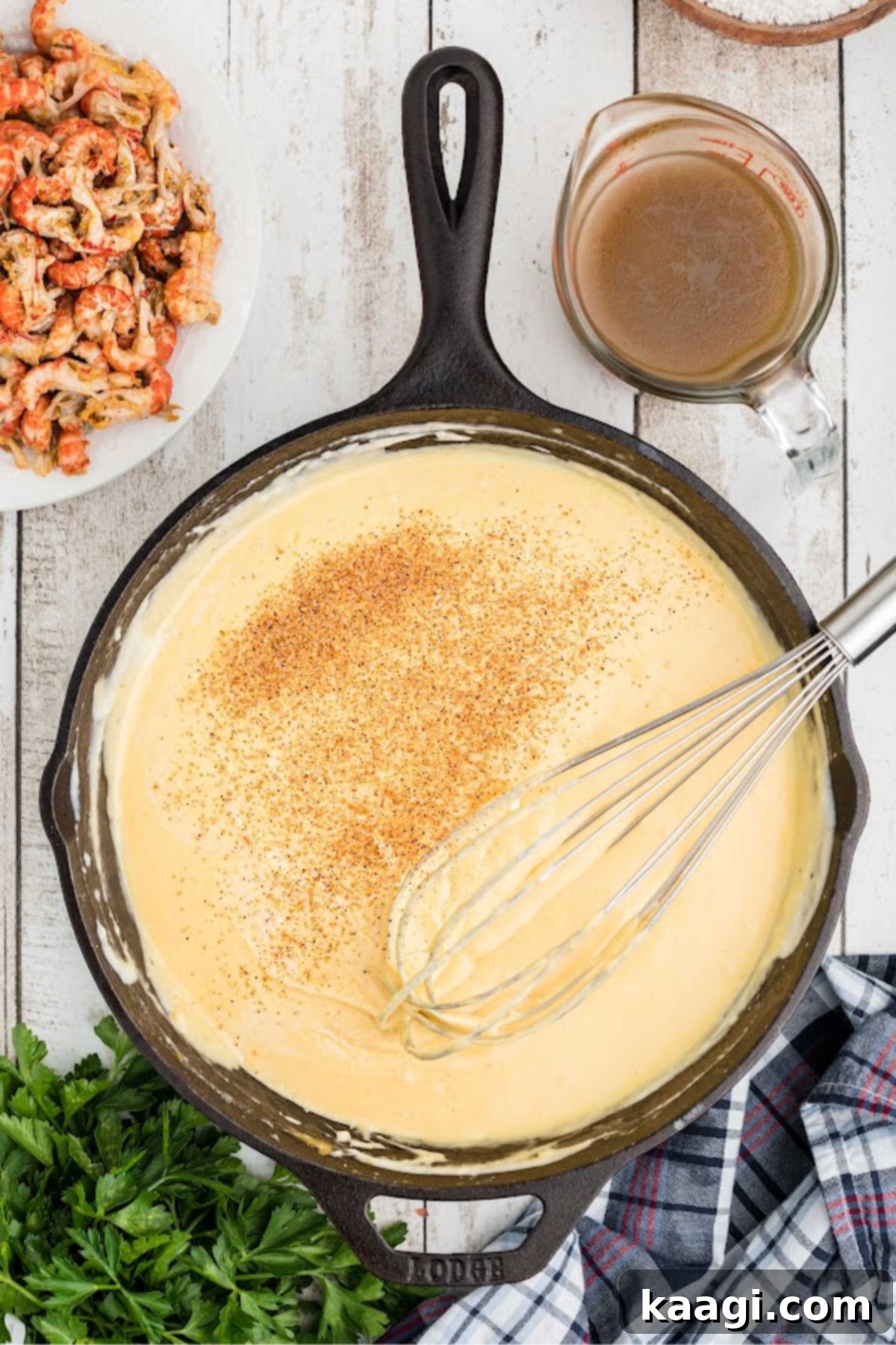 Seasoning being added to a black skillet full of cheese sauce.