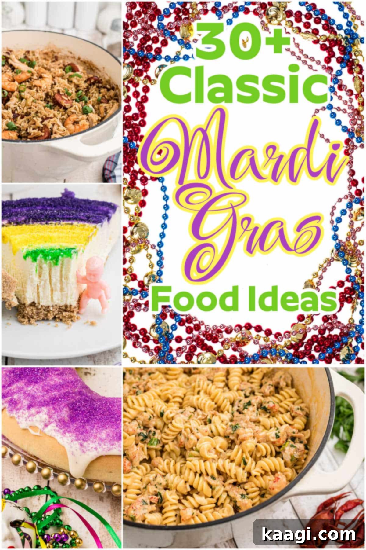 A vibrant collage showcasing various classic Mardi Gras dishes like gumbo, jambalaya, beignets, and king cake, perfect for a festive celebration.