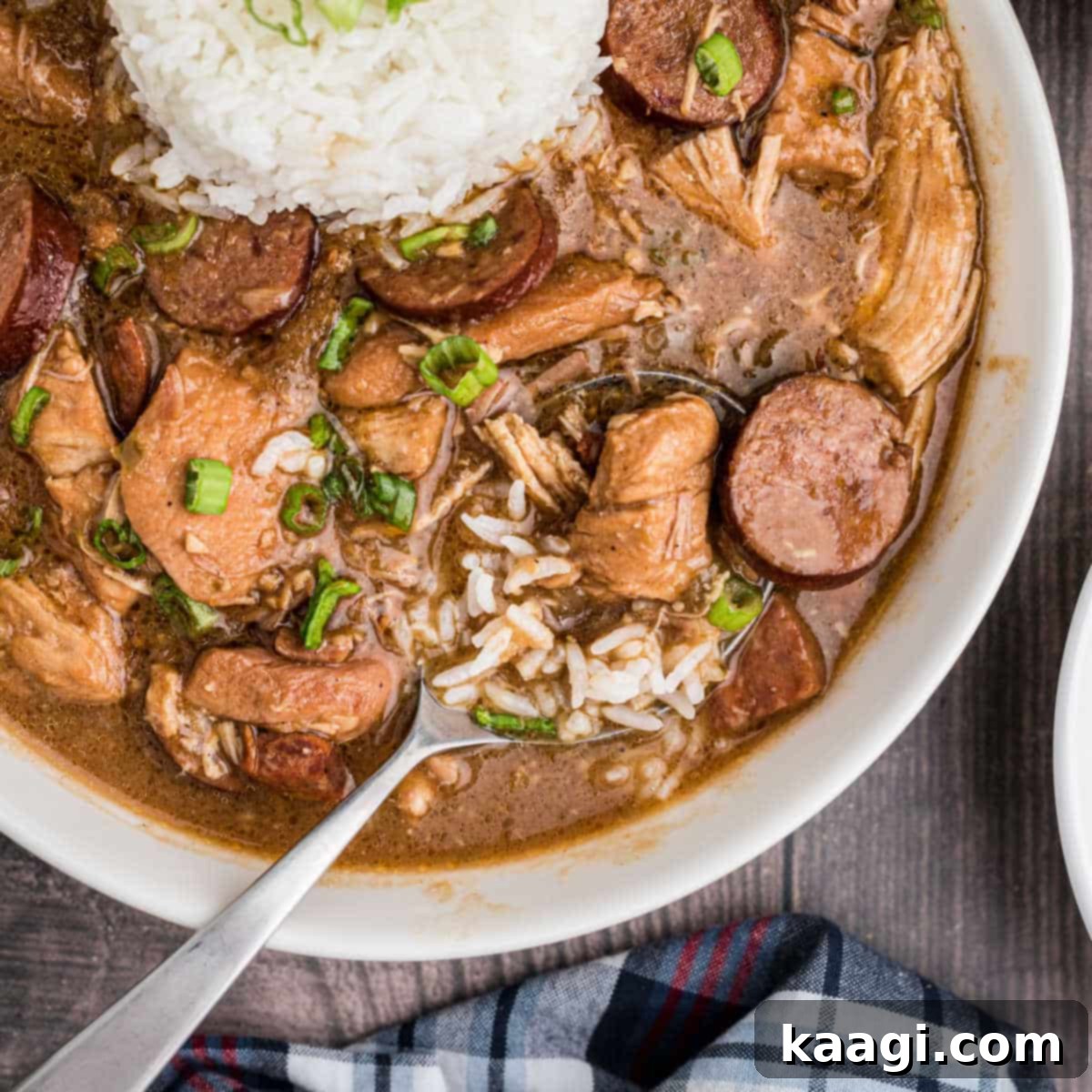 A close-up of a rich bowl of Chicken and Sausage Gumbo, with rice and a spoon ready to dive in.