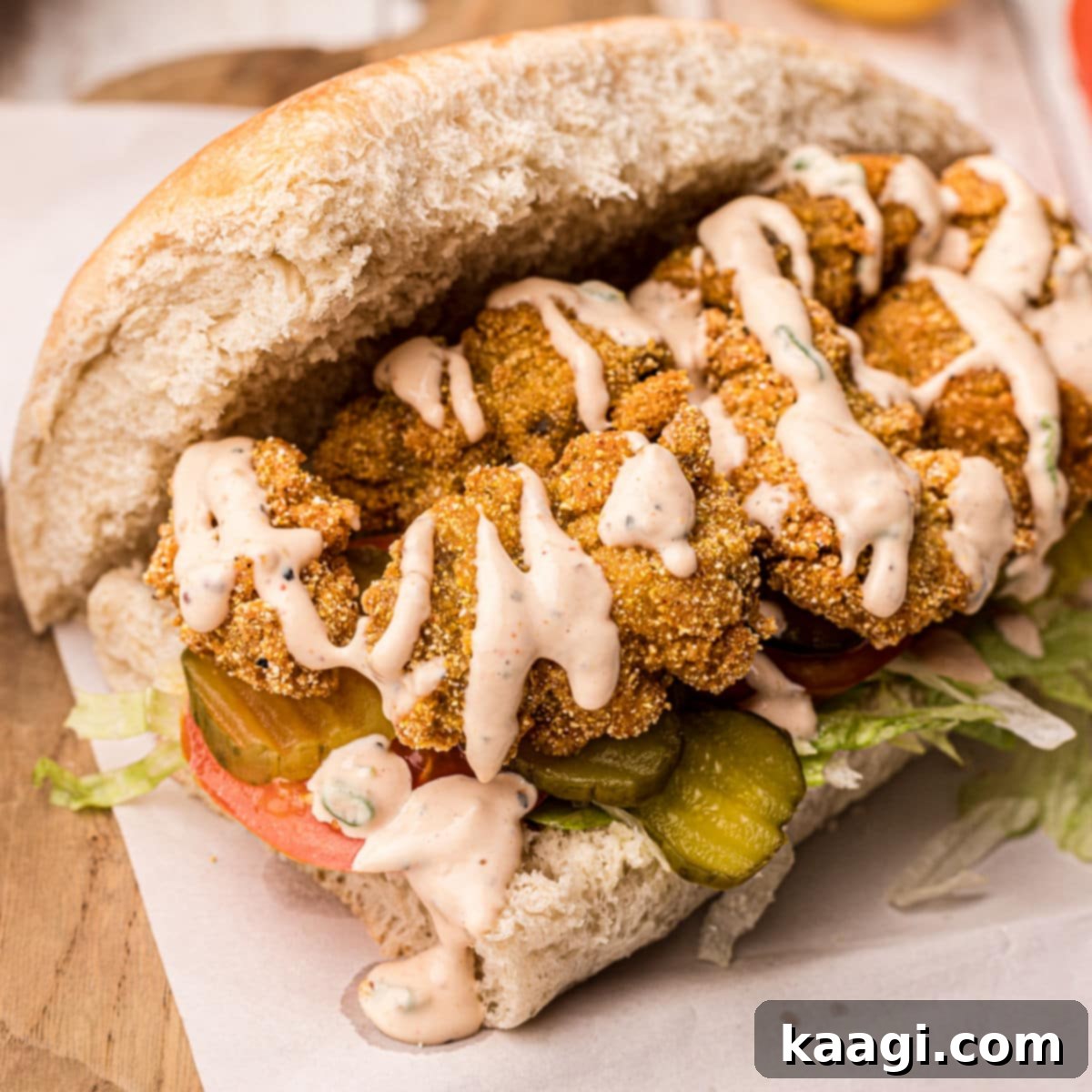 A Po'Boy sandwich filled with crispy fried oysters and drizzled with creamy Remoulade sauce.